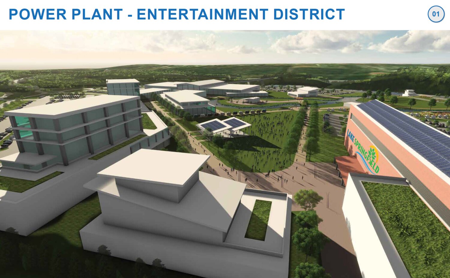 Option 1 for the power plant area of the Lake Springfield calls for an entertainment district, including a conference center, retail, restaurants, a bike park and a pavilion.